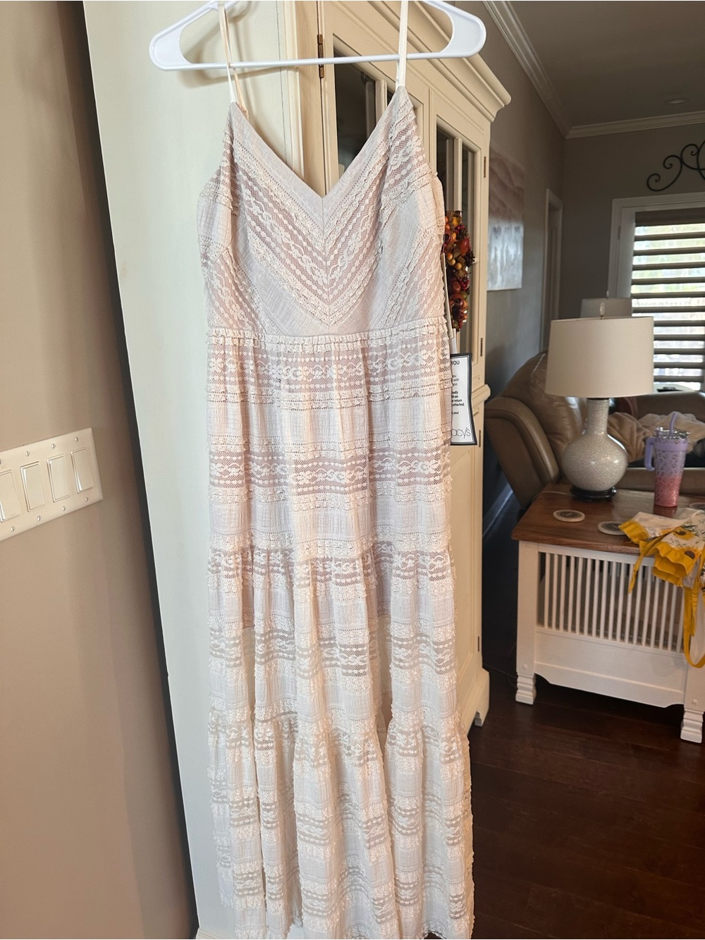 Eliza J Cream Lace Maxi Dress with Spaghetti Straps